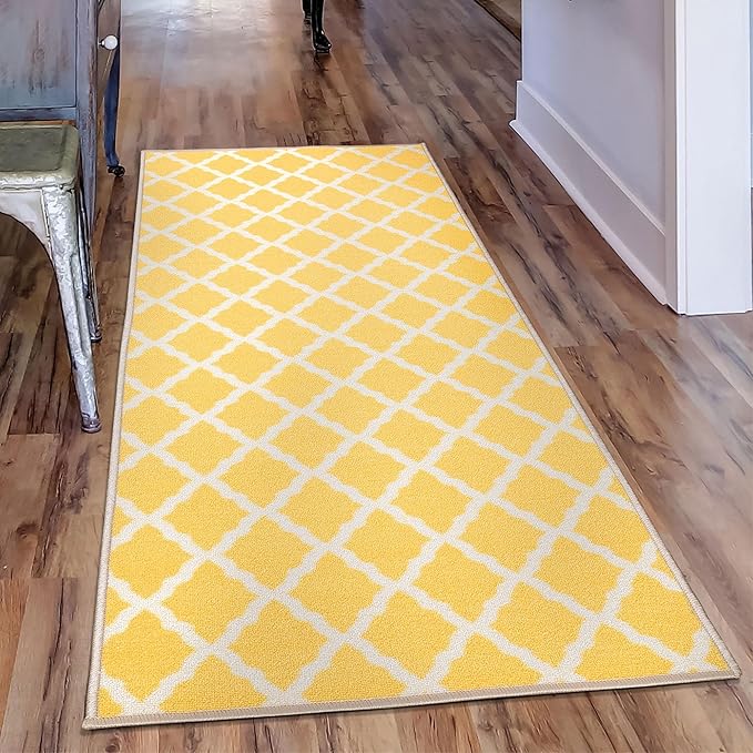 Machine Washable Moroccan Trellis Design Non-Slip Rubberback 2x6 Traditional Indoor Runner Rug for Hallway, Kitchen, Bedroom, 2'2" x 6', Yellow