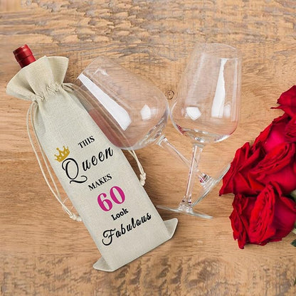 60th Birthday Gift 60 Year Old Birthday Gift for Women Drawstring Wine Bag Turning Sixty Year Old Birthday Gift 60th Milestone Christmas New Year Gift Reusable Wine Wrap Bag for Grandma Mom