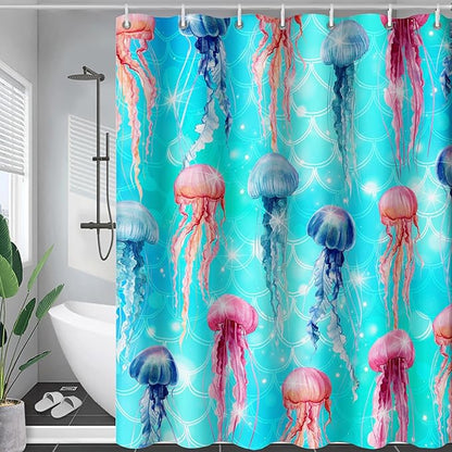 AILONEN Jellyfish Shower Curtain for Bathroom, Ocean Mermaid Scale Printed Bath Curtain,Modern Minimalist Blue Waterproof Fabric Shower Curtain Set with Hooks 60" W*72" H