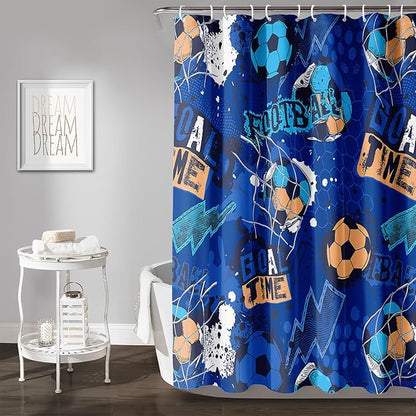 AILONEN Boys Sports Shower Curtain 72" W*84" H Soccer Bath Curtain Football Soccer Ball Printed Shower Curtain Boys Kids Teen Bathroom Curtain Decor Polyester Waterproof Curtain with 12 Hooks
