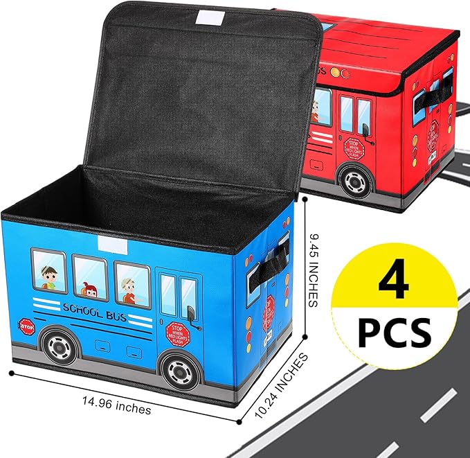 4 Pcs Prize Box for Classroom, School Bus Treasure Box Foldable Chest Storage Box Kids Toy Chest with Lid Treasure Storage Organizer Bin for Teachers Students Awards (Yellow, Pink, Red, Blue)