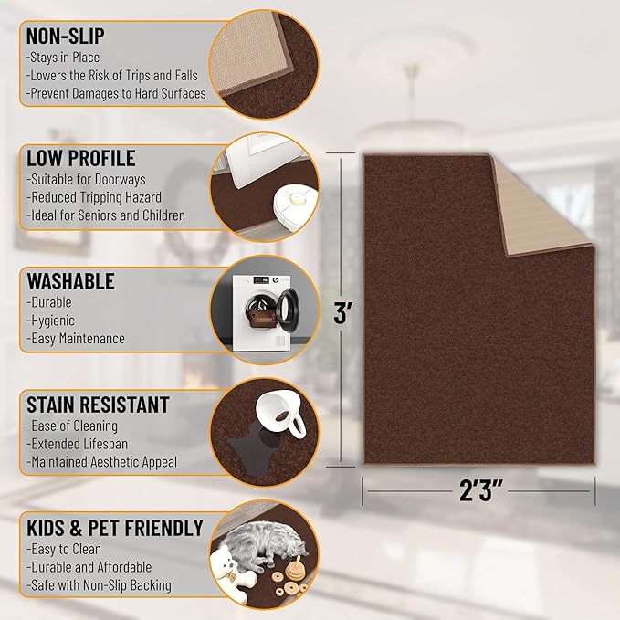 Machine Washable Modern Solid Design Non-Slip Rubberback 2x3 Traditional Area Rug for Entryway, Bedroom, Kitchen, Bathroom, 2'3" x 3', Brown