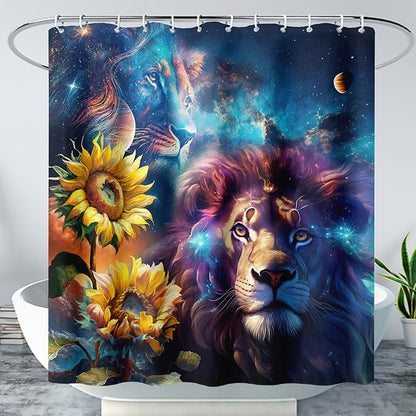AILONEN Lion Shower Curtain for Kids Boys Teens,Galaxy Sunflower Lion Bath Curtain for Bathroom Decor,Modern Romantic Polyester Waterproof with 12 Plastic Hooks 72" W*72" H