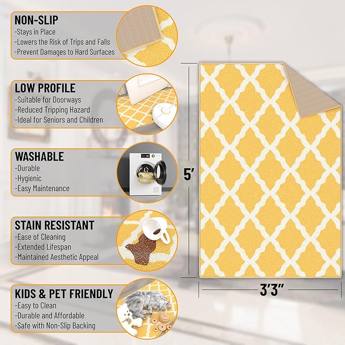 Machine Washable Moroccan Trellis Design Non-Slip Rubberback 3x5 Traditional Indoor Area Rug for Living Room, Bedroom, Kitchen, 3'3" x 5', Yellow