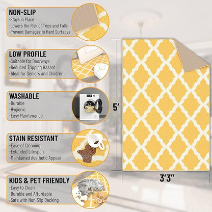 Machine Washable Moroccan Trellis Design Non-Slip Rubberback 3x5 Traditional Indoor Area Rug for Living Room, Bedroom, Kitchen, 3'3" x 5', Yellow