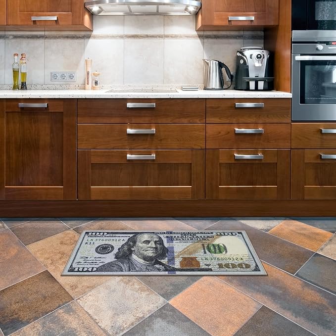 Machine Washable $100 Bill Design Non-Slip Rubberback 17x43 Modern Runner Rug for Hallway, Kitchen, Bedroom, 17" x 43", Multicolor