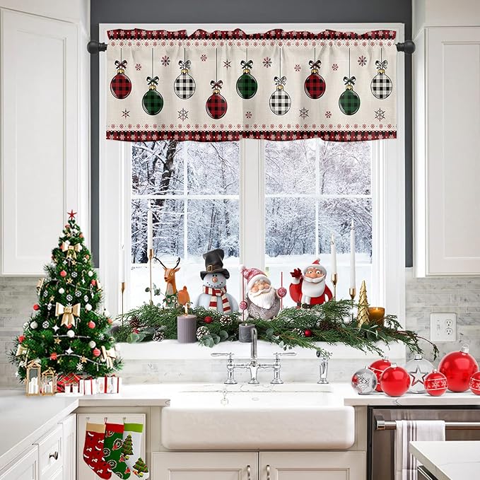Christmas Valance Kitchen Curtains for Windows, Vintage Buffalo Plaid Christmas Balls Rod Pocket Valances Window Treatments Farmhouse Short Curtains For Bedroom/ Living Room, 54" X 18" -1 Panel