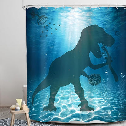 LGhtyro Kids Ocean Sea Dinosaur Shower Curtain Bathroom Set 60Wx71H Inches Underwater Funny Dino Boys Bathing Trex Raptor Bath Accessories Cartoon Animal Silhouette Art Home Decor Fabric 12 Pack Hooks