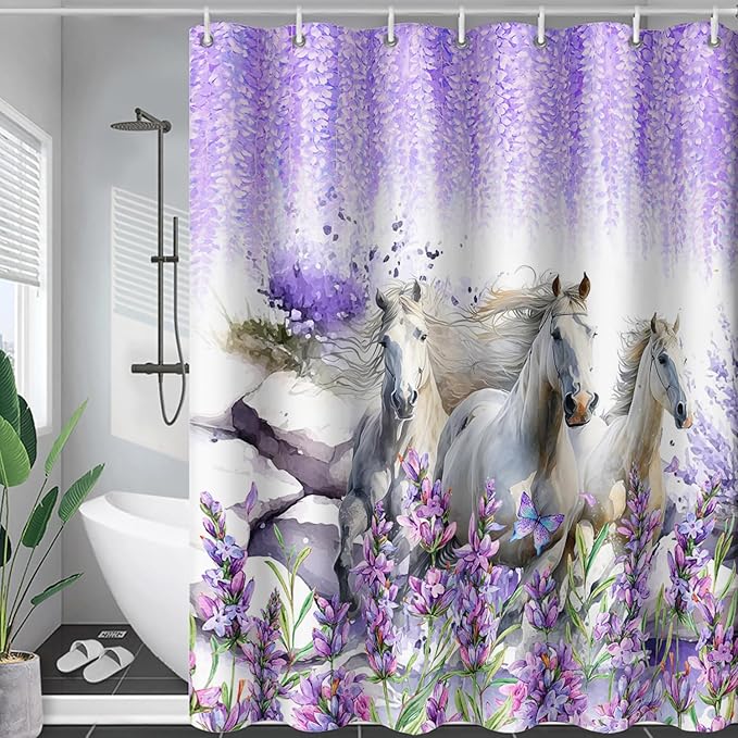 AILONEN Horse Shower Curtain for Boys Girls, Purple Lavender Flower Bath Curtain 72" W*96" H Galloping Horse Bathroom Curtain Polyester Waterproof Watercolor Bathroom Curtain with 12 Hooks