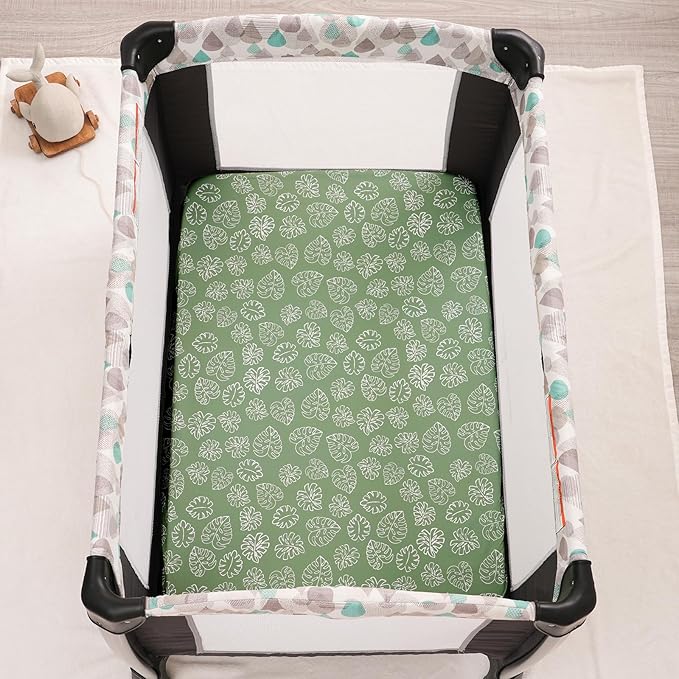 3 Pack Mini Crib Sheets, Premium Pack N Play Sheets for Boys Girls Neutral, Soft Breathable Baby Sheets Fit Pack N Play, Playard and Mini Crib Mattresses, Leaf