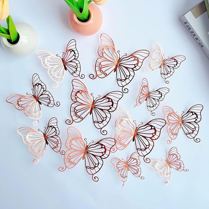3D Butterfly Wall Decor 3 Sizes 4 Styles, Kurilai 48Pcs Butterfly Decorations Party Birthday Cake Decoration, Removable Wall Stickers for Kids Nursery Wedding Bedroom Room Decor (Rose Gold)