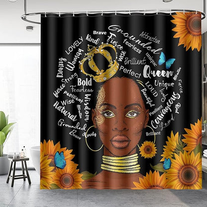 Aimego African American Shower Curtains Black Girl Woman with Sunflower Butterflies Farmhouse Shower Curtain Set with 12 Hooks for Bathroom Decor Accessories Bathtub Curtain, 72"x72"