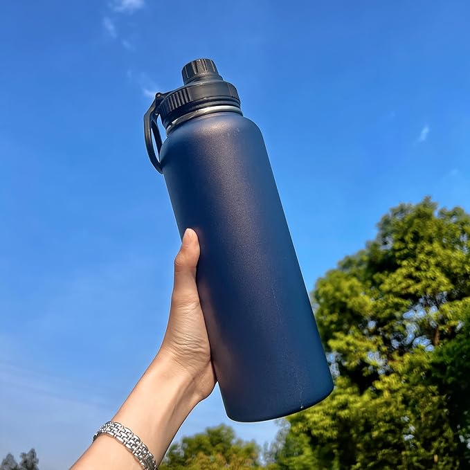 4pack 40 oz Insulated Water Bottle With Straw, Stainless Steel Sports Water Cup Flask with 2 Lids, Wide Mouth Travel Thermal Mug,Navy