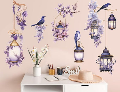 Removable 3D DIY Hanging Flowers Wall Decal Floral and Lamp Wall Sticker Peel and Stick Flower Vine Wall Decor for Kids Girls Bedroom Nursery Living Room Background Decoration (Purple)