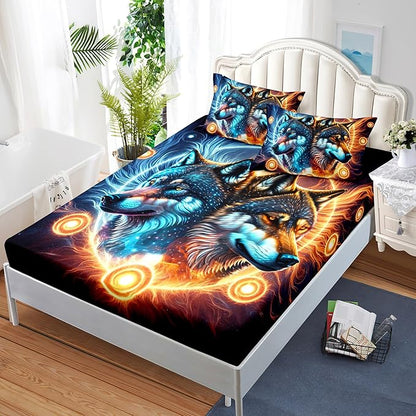 AILONEN Boys Wolf Fitted Sheet Set Twin XL Wolf Bed Sheet Set, Wildlife Animal Theme Fitted Sheet with 2 Pillowcases,3 Pieces Ice and Fire Light Wolves Print Fitted Sheet Set
