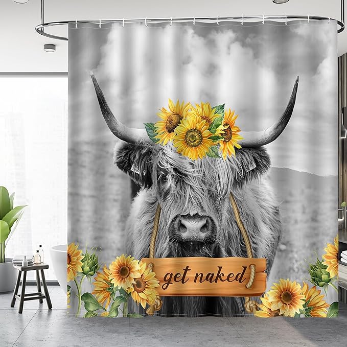 Aimego Highland Cow Shower Curtain - Farmhouse Sunflower Rustic Western Country Get Naked Funny Cute Fabric Cloth Bath Shower Curtain Set with 12 Hooks for Bathroom Decor Accessories, 72"x72"
