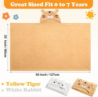 2 Pcs Toddler Hooded Bath Towel 50" x 32'' Thick Animal Hooded Towel for Kid Absorbent Baby Bath Towel Bathrobe Blanket for Boy Girls 0-5 Years(Yellow, White,Tiger, Rabbit)