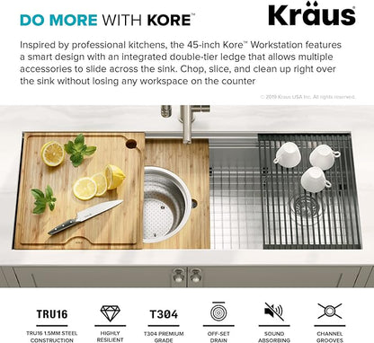 KRAUS KWU120-45 Kore 2-Tier Workstation 45-inch Undermount 16 Gauge Single Bowl Stainless Steel Kitchen Sink with Integrated 2-Step Ledge and Accessories (Pack of 10)