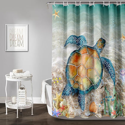 AILONEN Sea Turtle Shower Curtain,Beach Ocean Turtle Bath Curtain with 12 Plastic Hooks,Sea Animal Coast Shell Print Bath Curtain Polyester Waterproof 72" W*72" H