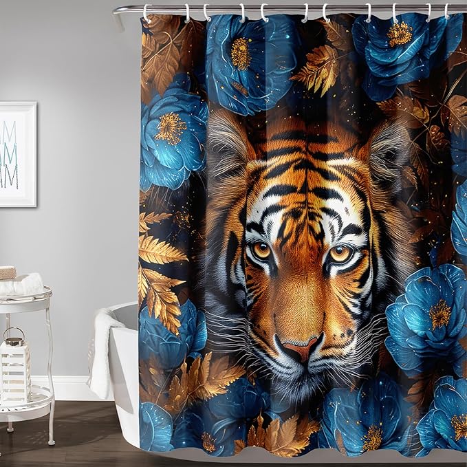 AILONEN Tiger Shower Curtains for Kids Boys,Blue Flower Tiger Bath Curtains,Wild Animal Curtains Polyester Waterproof,72" W*78" H with 12 Plastic Hooks