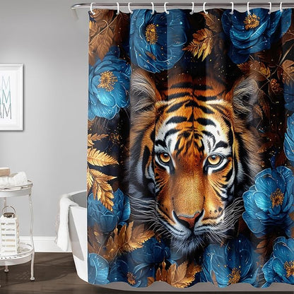 AILONEN Tiger Shower Curtains for Kids Boys,Blue Flower Tiger Bath Curtains,Wild Animal Curtains Polyester Waterproof,48" W*72" H with 12 Plastic Hooks
