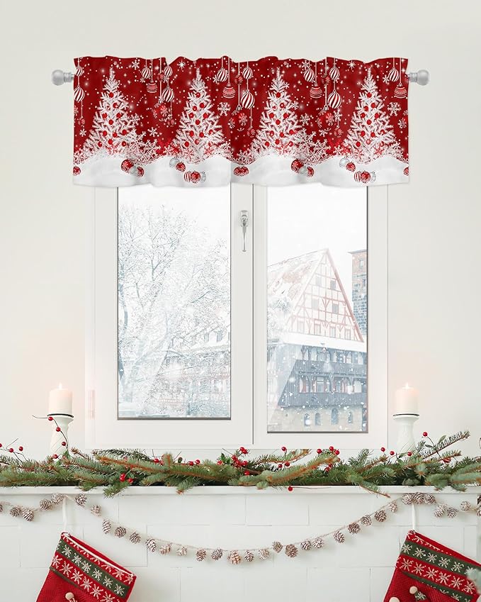 Red Christmas Valance Curtains for Kitchen Windows White Xmas Tree Snowflakes Red Balls Rod Pocket Window Treatment Toppers for Kitchen/Living Room/Bedroom/Bathroom, 54" X 18", Winter