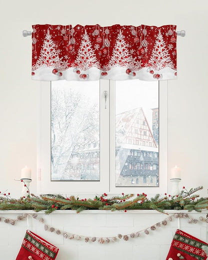 Red Christmas Valance Curtains for Kitchen Windows White Xmas Tree Snowflakes Red Balls Rod Pocket Window Treatment Toppers for Kitchen/Living Room/Bedroom/Bathroom, 54" X 18", Winter