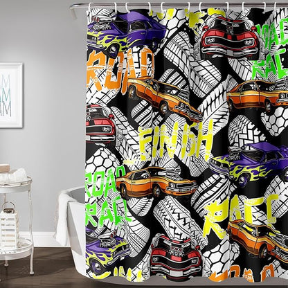 AILONEN Racing Car Shower Curtain for Bathroom Decor,Cool Racer Bath Curtain for Kids Boys Teens,Graffiti Printed Curtain Waterproof with 12 Plastic Hooks, 48" W x 72" H