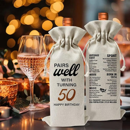 50th Birthday Wine Gift Bag For Best Friend Mom Dad Women Men, 1974 Birthday Idea Gift, 50th Anniversary Wine Bag, 50th Birthday Party Decor, Drawstring Burlap Wine Bottle Bag