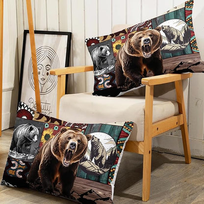 AILONEN Roaring Bear Fitted Sheet Set Twin Size, Rustic Cabin Bed Sheet Set,Wildlife Bedding Grey Bear Plaid Sheet Set,3 Pieces Teen Men Boys Bed Sheet Set,1 Fitted Sheet with 2 Pillowcases