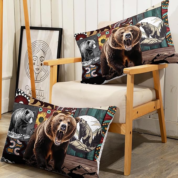 AILONEN Roaring Bear Fitted Sheet Set Full Size, Rustic Cabin Bed Sheet Set,Wildlife Bedding Grey Bear Plaid Sheet Set,3 Pieces Teen Men Boys Bed Sheet Set,1 Fitted Sheet with 2 Pillowcases