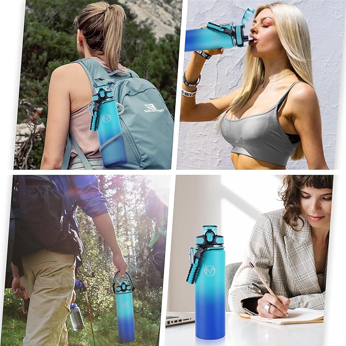 32 oz Insulated Water Bottle With Detachable Straw & Paracord Handle, Stainless Steel Thermos Water Bottle with Leakproof Lockable Lid, BPA-Free Sports Bottle (Lake Blue Gradient)