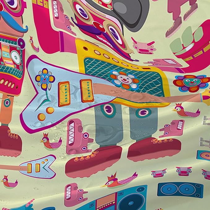 AILONEN Cartoon Robot Shower Curtain Sets,Beautiful Music Guitar Robots Theme Bathroom Decors, 72" W*72" H Cute Shower Curtain for Boys Girls Teens Kids