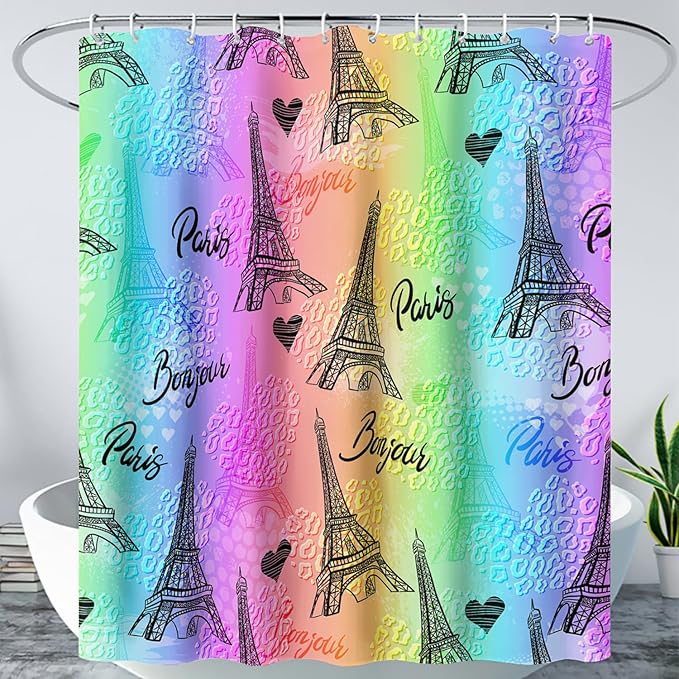 AILONEN Rainbow Shower Curtain for Bathroom, Rainbow Gradient Eiffel Tower Printed Bath Curtain,Women Girls Kids Minimalist Waterproof Fabric Shower Curtain Set with Hooks 72" W*96" H