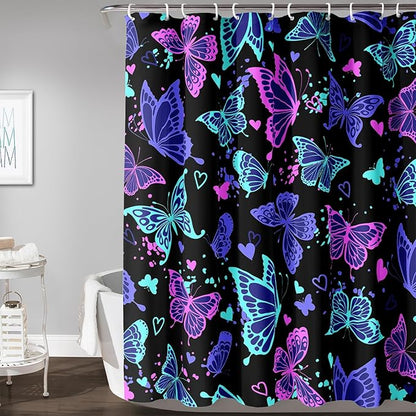 AILONEN Colorful Butterfly Shower Curtain, Butterfly Bath Curtain for Bathroom Decor,Polyester Waterproof with 12 Plastic Hooks 72" W*84" H