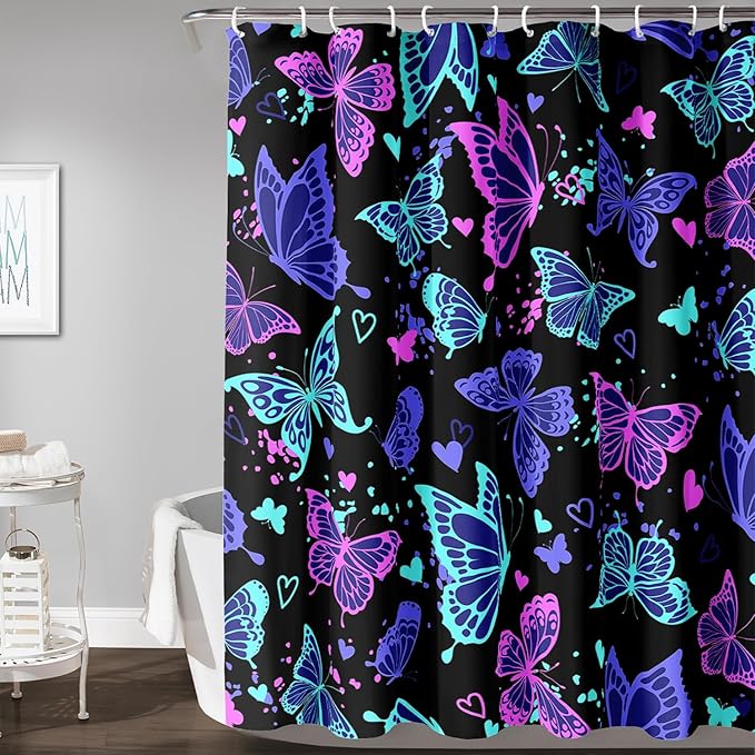 AILONEN Colorful Butterfly Shower Curtain, Butterfly Bath Curtain for Bathroom Decor,Polyester Waterproof with 12 Plastic Hooks 72" W*72" H