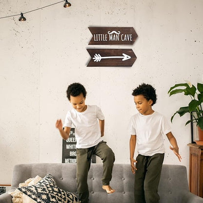 Nursery Wall Decor - 2 Pcs Little Man Cave Sign, Baby Boy Woodland Nursery Decor for Kids Toddler Bedroom Playroom Sign Decoration, Wooden Arrow Wall Art Brown (14 inch)
