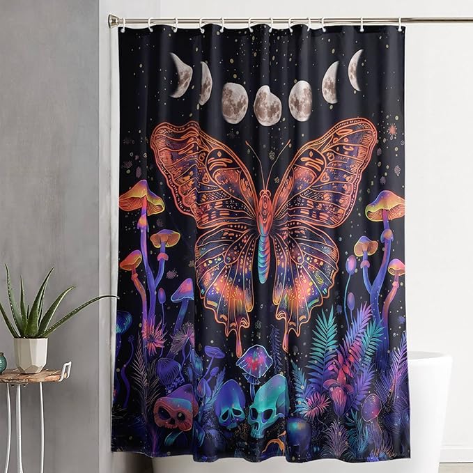 AILONEN Colorful Butterfly Shower Curtain,Magic Mushroom Waterproof Fabric Bath Curtain for Kids Girls,Boho Sun and Moon Skull Shower Curtain Set for Bathroom 60" W*72" H