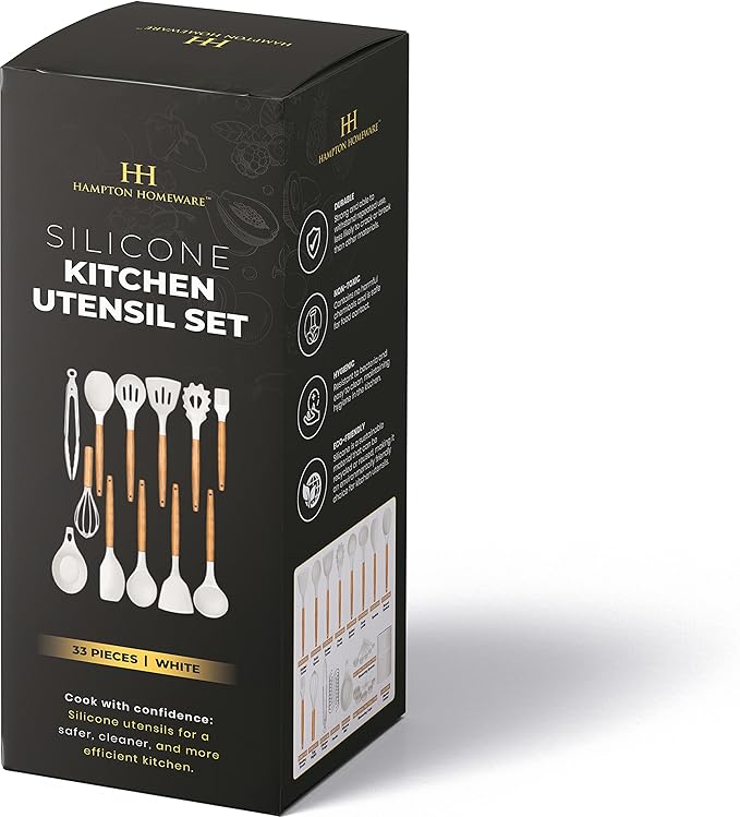 Kitchen Utensils Set, 33 pcs Non-Stick Silicone Cooking Utensils Set, Heat-Resistant Silicone, Wooden Utensils for Cooking, Kitchen Gadgets Spatula Set, Apartment Essentials Kitchen Set (White)