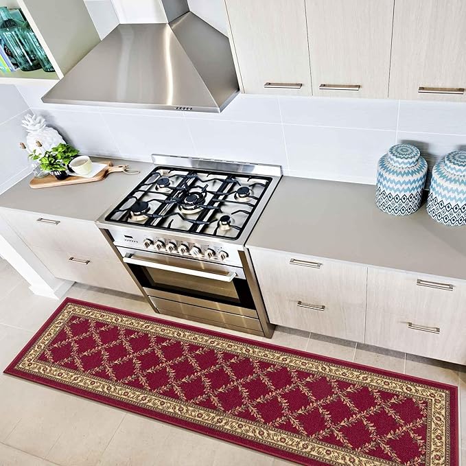 Ottomanson Machine Washable Trellis Design Non-Slip Rubberback 2x7 Modern Runner Rug for Hallway, Kitchen, Living Room, Bedroom, 1'10" x 7', Red Trellis