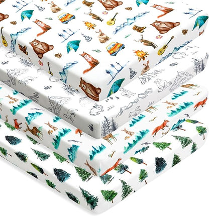 4 Pack N Play Sheets Woodland Forest Animals Wood Neutral Unisex Fitted Baby N Play Sheets Fitted for Standard Pack and Plays and Mini Cribs Set for Baby Boys or Girls