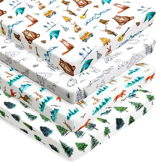 4 Pack N Play Sheets Woodland Forest Animals Wood Neutral Unisex Fitted Baby N Play Sheets Fitted for Standard Pack and Plays and Mini Cribs Set for Baby Boys or Girls