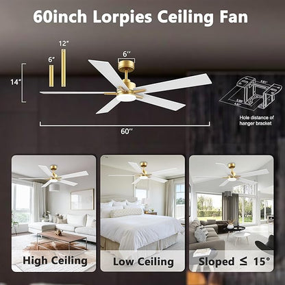 60 Inch Smart Ceiling Fan with Lights Remote,Control via Voice Alexa Google App Wifi,Silent DC Motor,Dimmable,Outdoor Indoor Modern Ceiling Fans for Large Bedroom Living Room Patio,Gold White Black