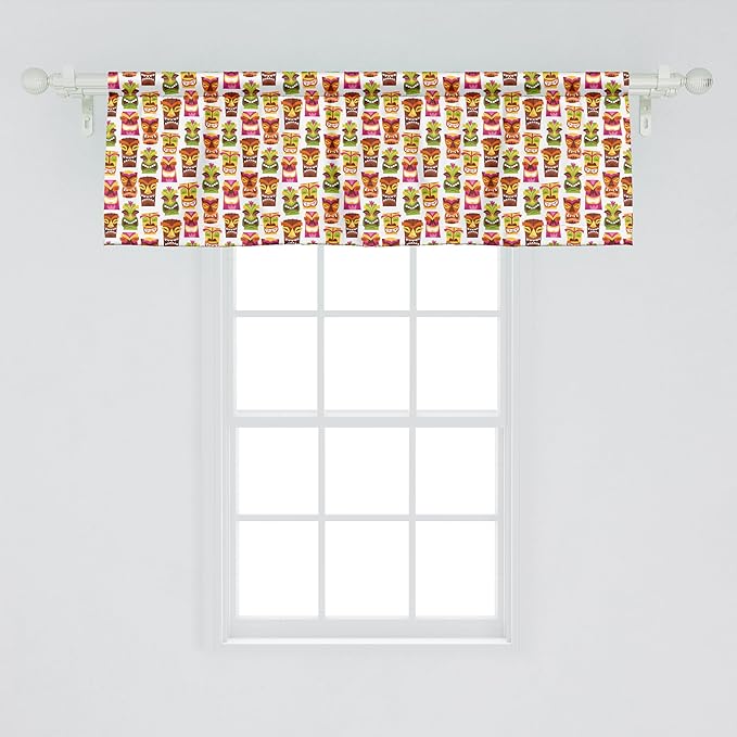 Ambesonne Tiki Bar Window Valance, Sixties Retro Inspired Hawaiian Party Happy Tiki Pattern Colorful, Curtain Valance for Kitchen Bedroom Decor with Rod Pocket, 42" x 18", Multicolor
