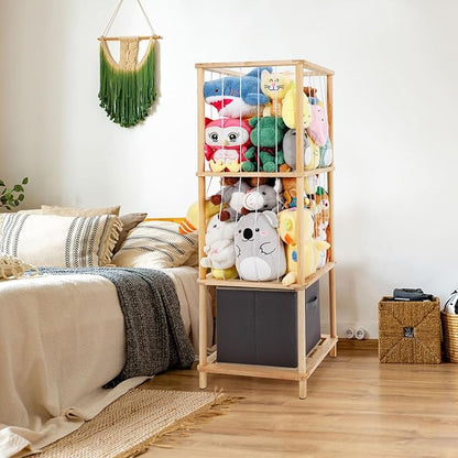 ACEPRUT Wood Stuffed Animal Storage Holder with Storage Basket, Space Save Three Tier Vertical Large Stuffed Animal Zoo Organizer for Playroom Bedroom, Toy Storage Birthday Gifts for Kids