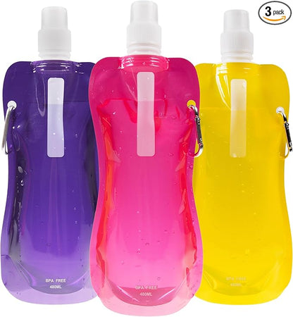 Clever Creations Collapsible Sports Water Bottle 3 Pack, Foldable Leak Proof Travel Bottles for Camping and Hiking, 480 mL Capacity, Purple, Yellow, and Pink