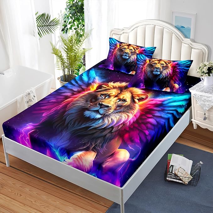 AILONEN Lion Fitted Sheet Set Twin XL Size, 3 Pieces Printed Evening Starry Wings Lion Bed Sheet Set,Colorful Tie Dye Rainbow Fitted Sheet with 2 Pillowcases