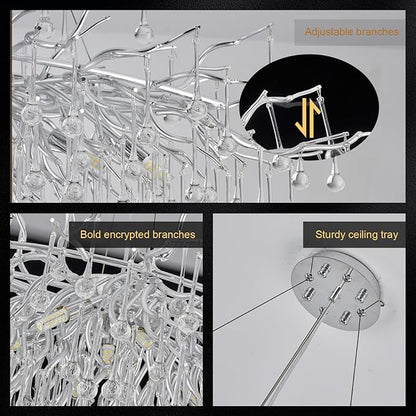 Modern Chandeliers,47.24in Rectangular Crystal Chandelier Chrome, 13-Light Farmhouse Raindrop Chandelier Pendant Light Fixture for Living Room, Kitchen Island 13-Light