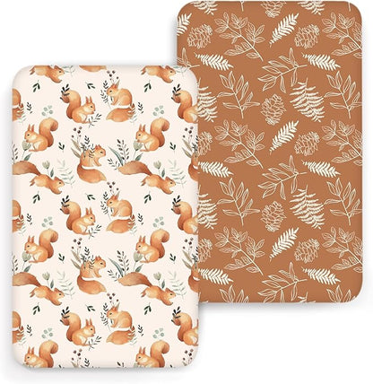 ACRABROS Crib Sheets for Girl Boy: Stretchy Baby Fitted Crib Mattress Sheets Sets 2 Pack Standard Size Ultra Soft Neutral, Squirrel&Leaf
