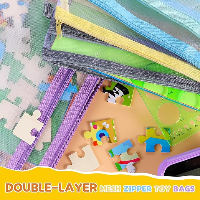 20 Pack Colored Mesh Zipper Pouch Bags,5 Color，A4 Double-Layer Nylon Puzzle Building Block Sets Toy Storage Organization, Mesh Bags with Zipper and Handle for School Office Playroom Storage